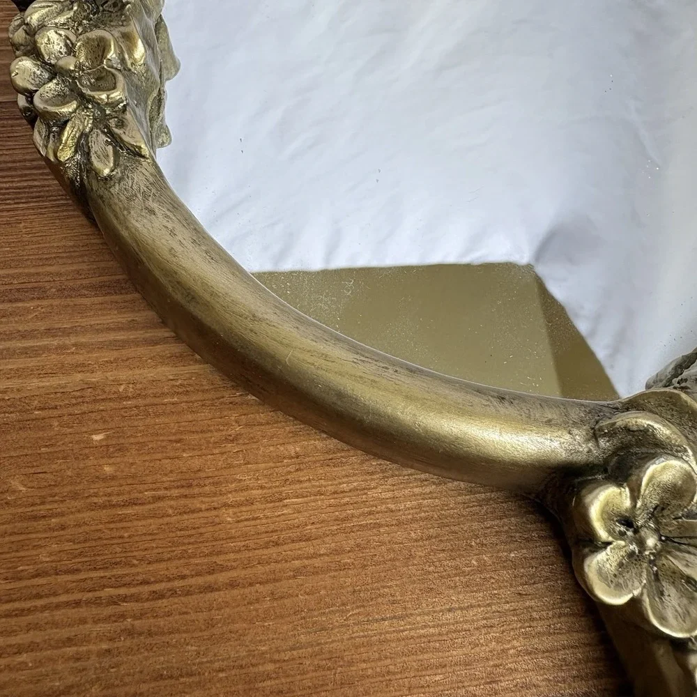 Vintage Ornate Floral Hand Mirror Silver Tone Cast Resin Vanity Mirror 12.5 Inch